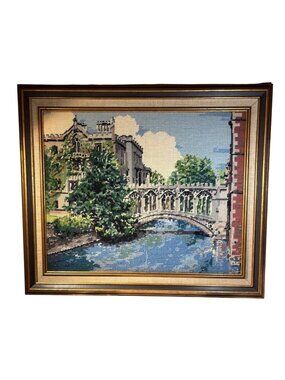 Framed Embroidered Tapestry Bridge of Sighs Cambridge England 27 x 23"
